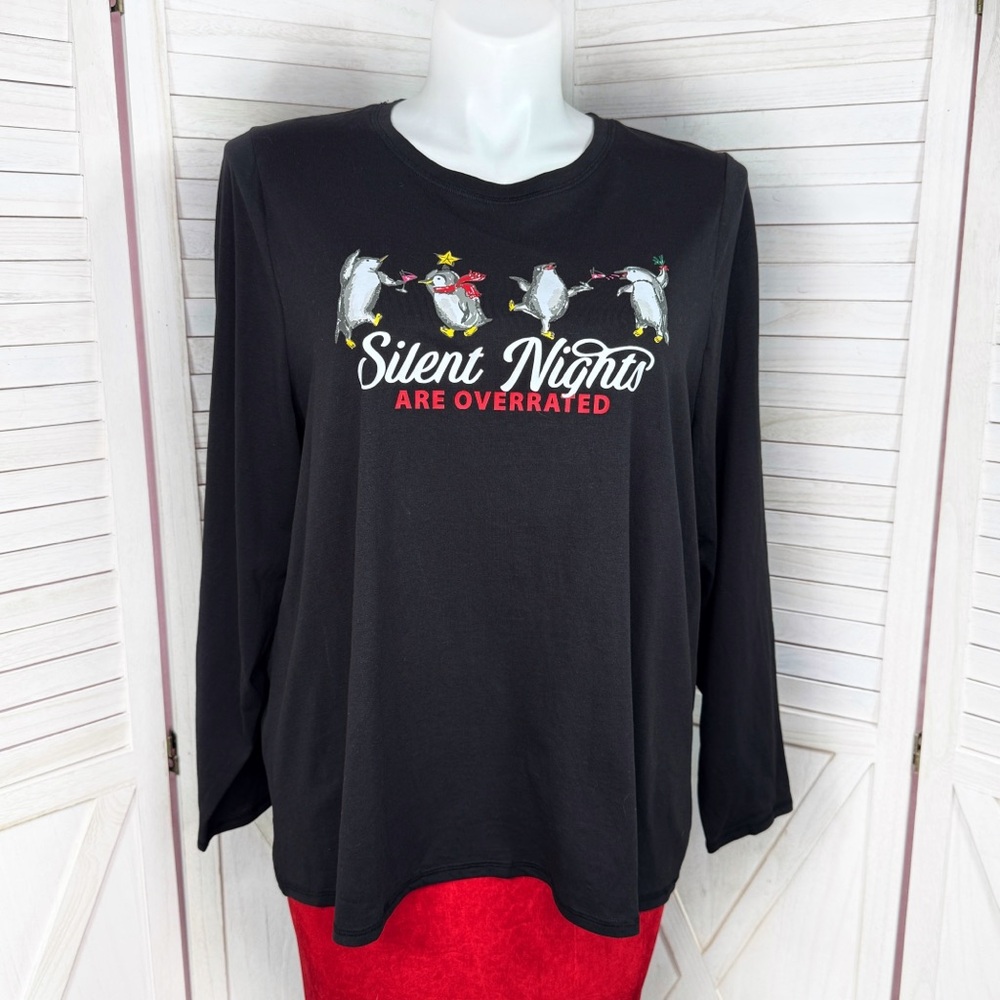 Cacique Dancing Penguins Holiday Christmas Sleep T Shirt Black 2X 18 20